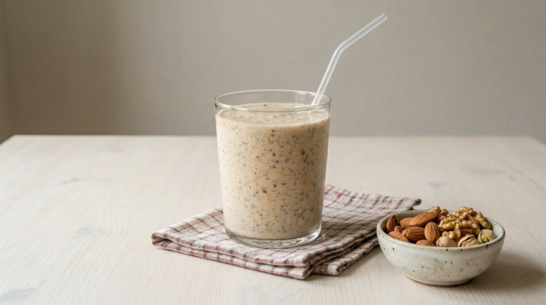 Smoothie in a glass with berries, banana slices, oats, chia seeds, and mint on a wooden table